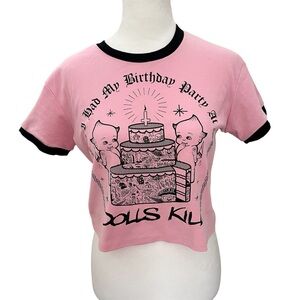 Dolls Kill Pink Black Baby Tee‎ TShirt I had My Birthday Party At Crop Small